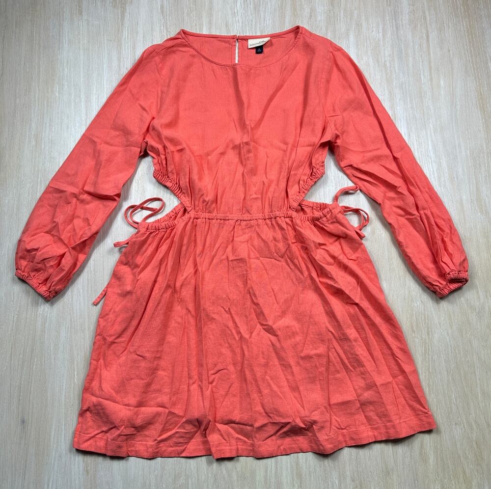 Universal Thread Coral Linen Blend Cutout Tie Waist Balloon Sleeve Mini Dress XL